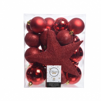 Coffret Assortiment 33 Boules Rouges et Cimier Pour Sapin Décoris