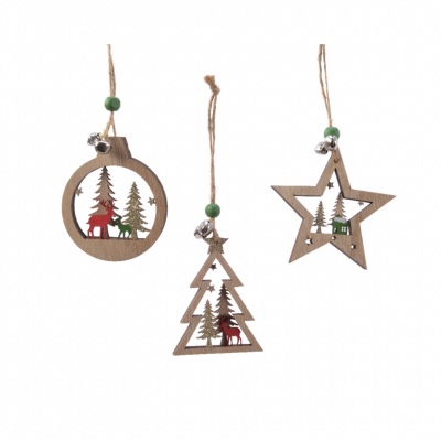 Lot de 3 Décorations de Noël en Bois 3D - 14 cm