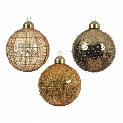 Boules de Noël en Verre couleur Or et Paillettes set de 3.