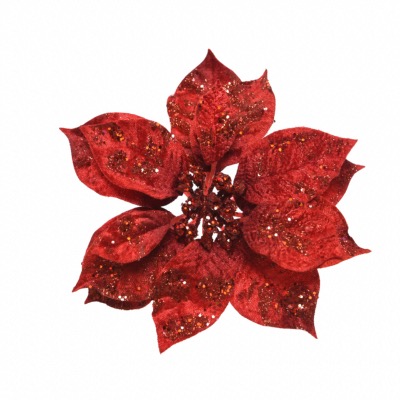 Poinsettia Rouge Pailleté sur Clip - Décoris