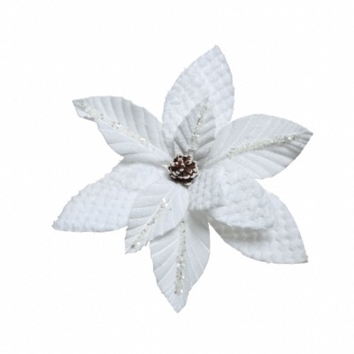 Poinsettia Blanc en Fourrure sur Clip - Décoris